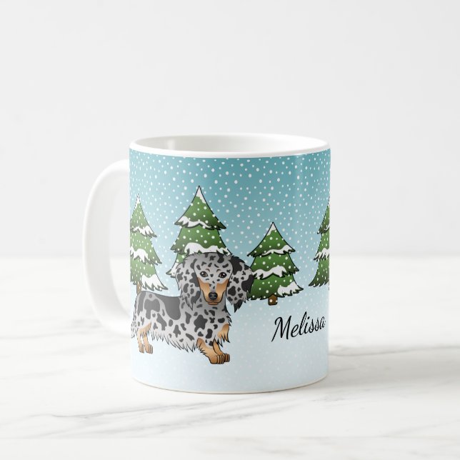 Black & Tan Dapple Long Hair Dachshund In Winter Coffee Mug (Front Left)