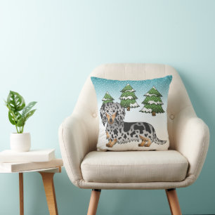 Black & Tan Dapple Long Hair Dachshund In Winter Cushion