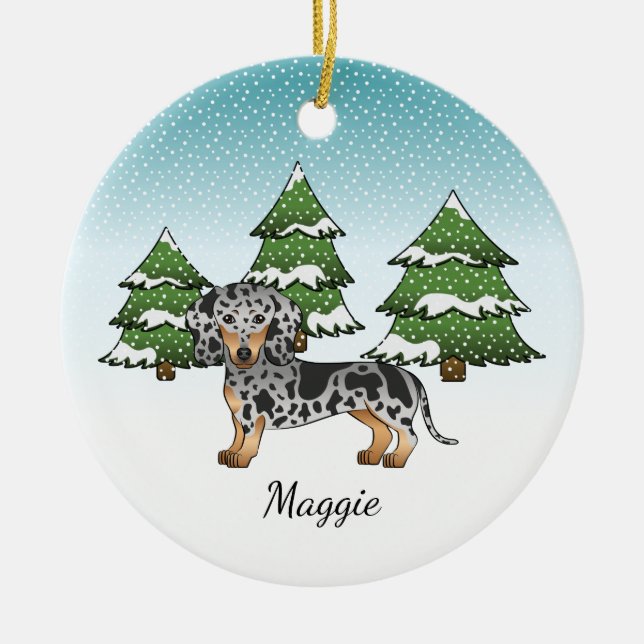 Black & Tan Dapple Short Hair Dachshund In Winter Ceramic Ornament (Front)