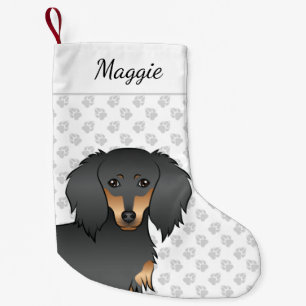 Black & Tan Long Hair Dachshund Cartoon Dog Head Small Christmas Stocking