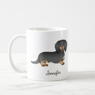 Black & Tan Long Hair Dachshund Cartoon Dog & Name Coffee Mug