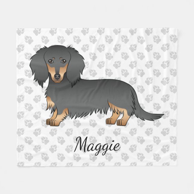 Black & Tan Long Hair Dachshund Cartoon Dog & Name Fleece Blanket (Front (Horizontal))