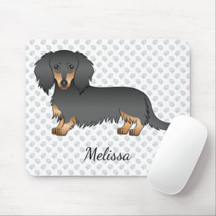Black & Tan Long Hair Dachshund Cartoon Dog & Name Mouse Pad