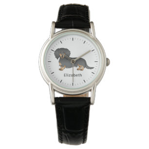 Black & Tan Long Hair Dachshund Cartoon Dog & Name Watch