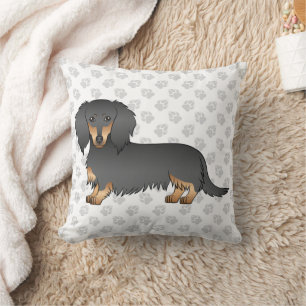 Black & Tan Long Hair Dachshund Cartoon Dog & Paws Cushion
