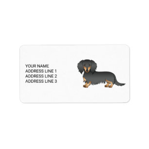 Black & Tan Long Hair Dachshund Cartoon Dog & Text Label