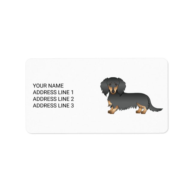 Black & Tan Long Hair Dachshund Cartoon Dog & Text Label (Front)