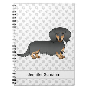 Black & Tan Long Hair Dachshund Cartoon Dog & Text Notebook