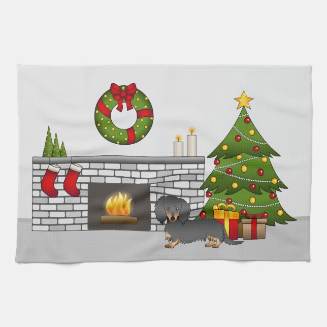 Black & Tan Long Hair Dachshund - Christmas Room Tea Towel (Horizontal)