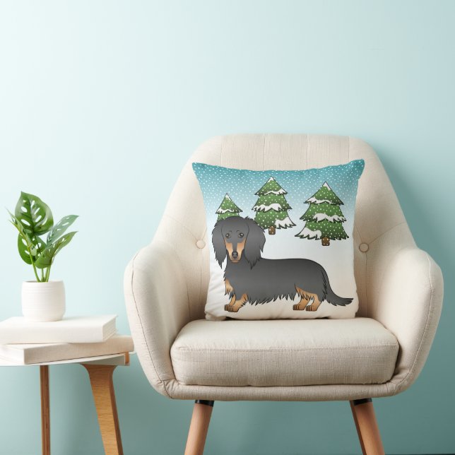 Black & Tan Long Hair Dachshund - Winter Forest Cushion (Chair)