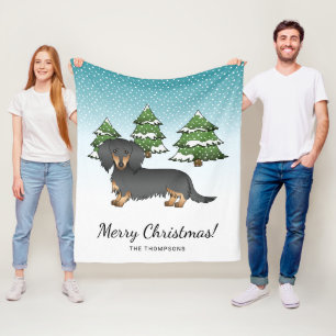Black & Tan Long Hair Dachshund - Winter Forest Fleece Blanket