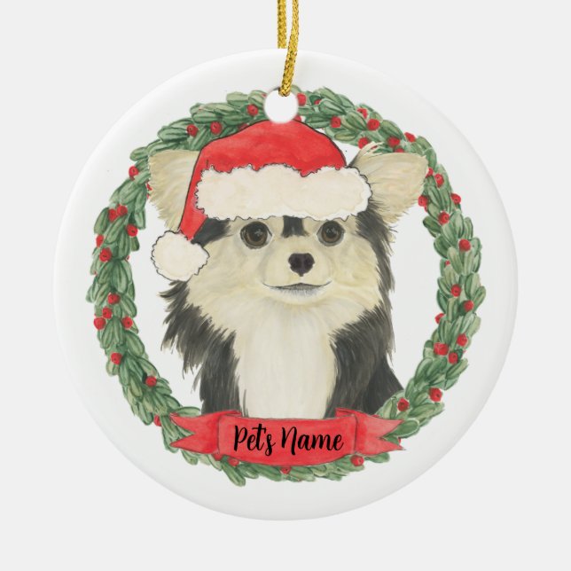 Black & Tan Long Haired Chihuahua Christmas Ceramic Ornament (Front)
