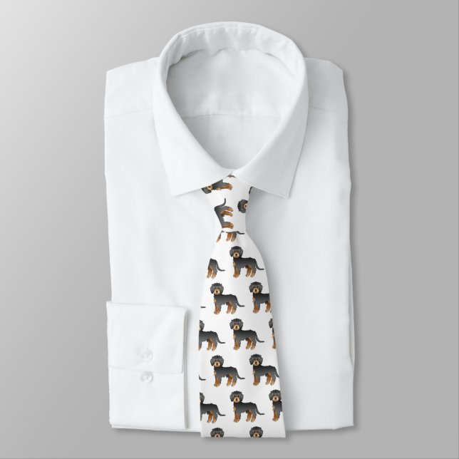 Black & Tan Mini Goldendoodle Cartoon Dog Pattern Tie (Tied)