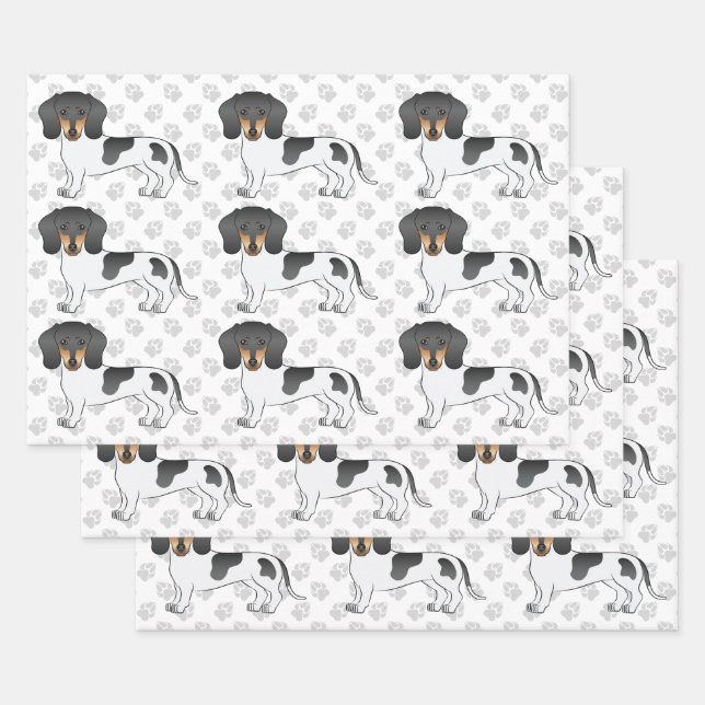 Black & Tan Pied Short Hair Dachshund Dog Pattern Wrapping Paper Sheet (Set)