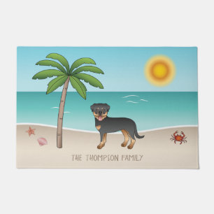Black & Tan Rottweiler At A Tropical Summer Beach Doormat