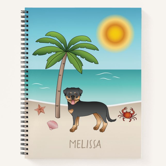 Black & Tan Rottweiler At A Tropical Summer Beach Notebook (Front)