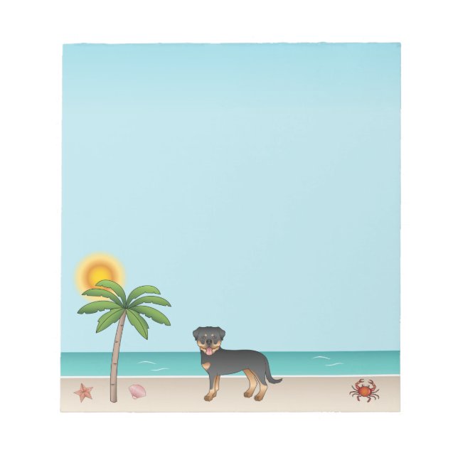 Black & Tan Rottweiler At A Tropical Summer Beach Notepad (Front)