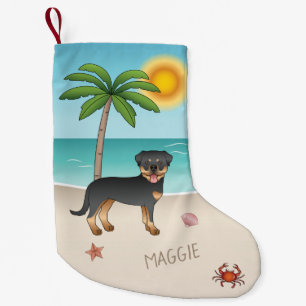 Black & Tan Rottweiler At A Tropical Summer Beach Small Christmas Stocking