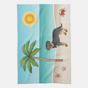 Black & Tan Rottweiler At A Tropical Summer Beach Tea Towel