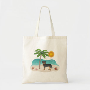 Black & Tan Rottweiler At A Tropical Summer Beach Tote Bag