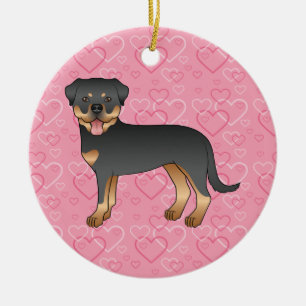 Black & Tan Rottweiler On Pink Hearts Pet Memorial Ceramic Ornament