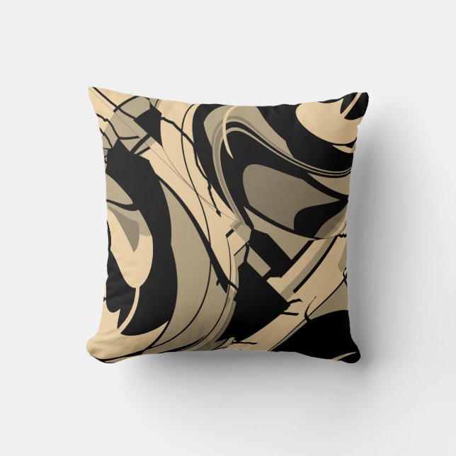 Black Tan Taupe Brown Swirling Shapes Motif Cushion (Front)