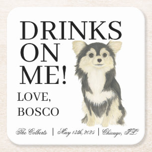 Black Tan Tricolor Long Haired Chihuahua Wedding Square Paper Coaster
