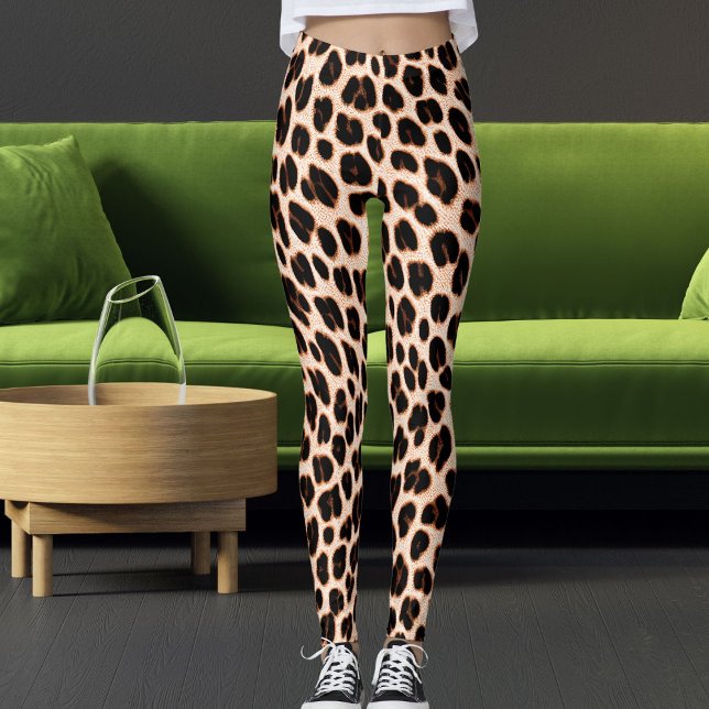 Black Tan White Safari Leopard Skin Pattern Print Leggings (Creator Uploaded)