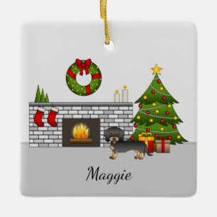 Black & Tan Wire Haired Dachshund - Christmas Room Ceramic Ornament