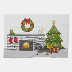 Black & Tan Wire Haired Dachshund - Christmas Room Tea Towel