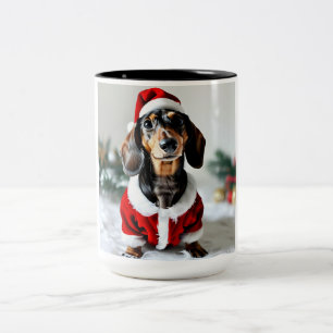 Black Tandan Modachshund Dog Face Santa Dachshund  Two-Tone Coffee Mug
