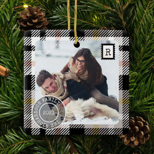 Black Tartan Plaid Delivery Parcel 2 Photo Family Ceramic Ornament