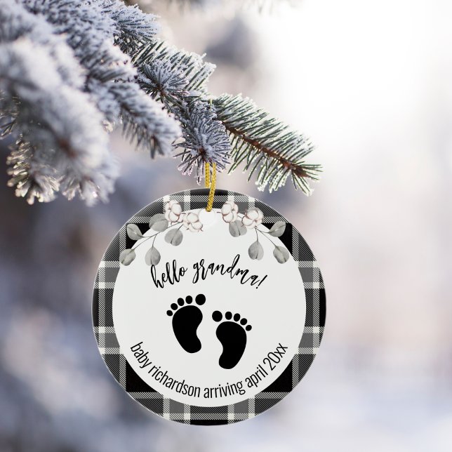 Black Tartan Xmas Grandma Announcement Ceramic Ornament (Creator Uploaded)