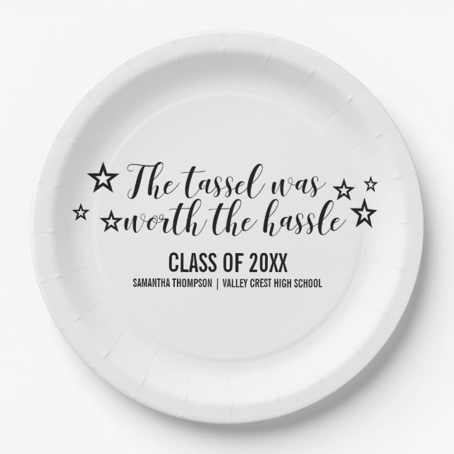 Black Tassel Worth Hassle Graduation Paper Plates (Front)