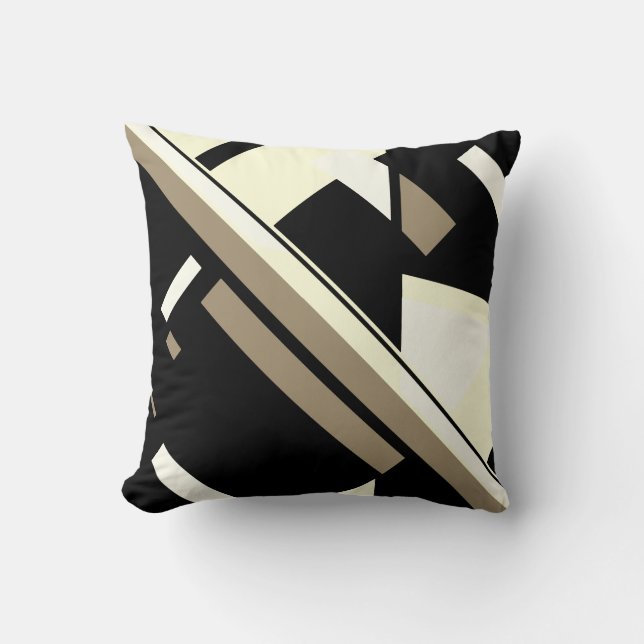 Black Taupe Cream White Diagonal Art MCM Look Cushion (Front)