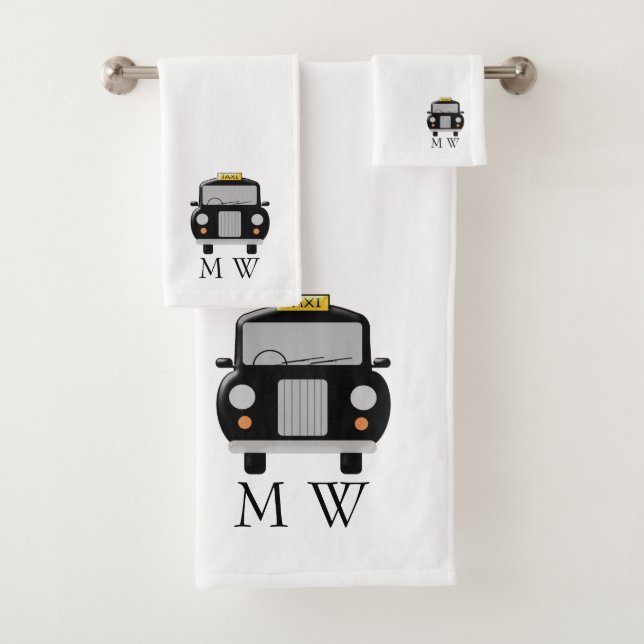Black Taxi Design Monogrammed Bath Towel Set (Insitu)
