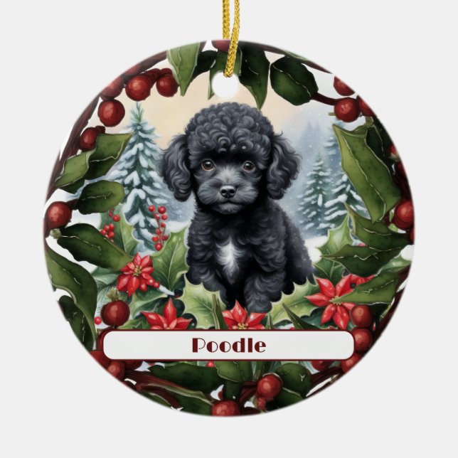 Black Teacup Poodle Puppy Custom Christmas  Ceramic Ornament (Front)