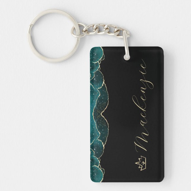 Black, Teal and Gold Elegant Script Personalised Key Ring (Front)