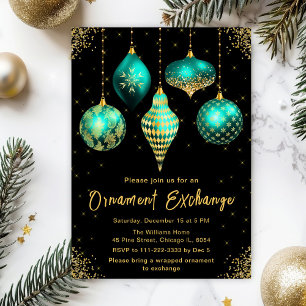 Black, Teal and Gold Ornament Exchange Party Invitation