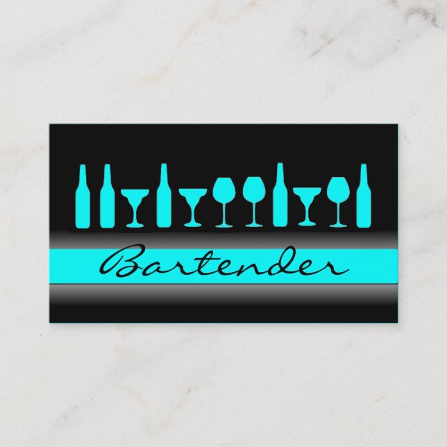 Black teal blue bartender drinks business card (Front)