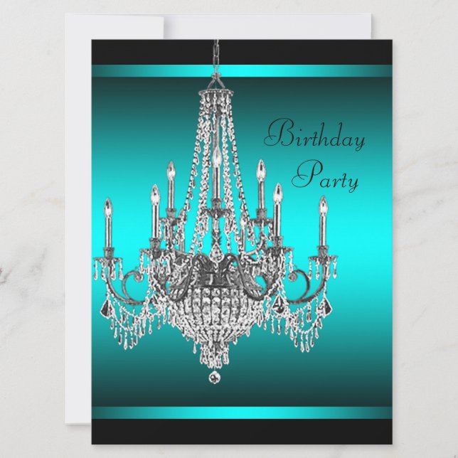 Black Teal Blue Chandelier Birthday Party Invitation (Front)