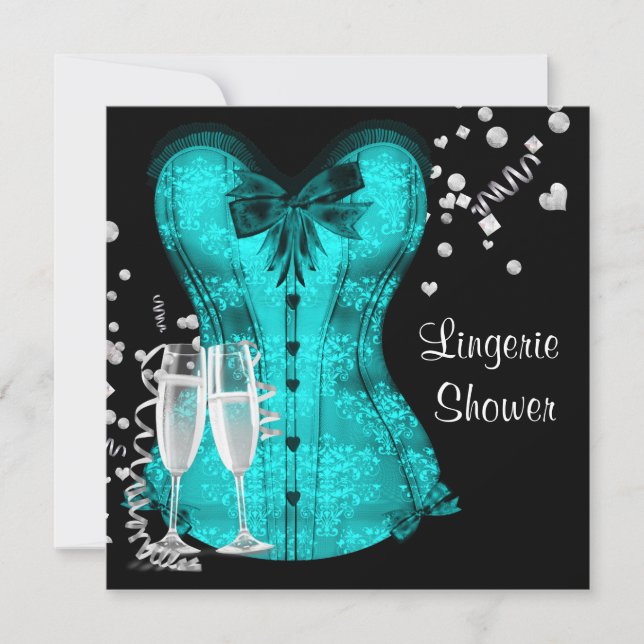Black Teal Blue Corset Lingerie Bridal Shower Invitation (Front)