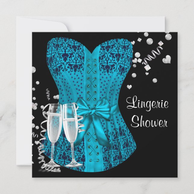 Black Teal Blue Corset Lingerie Bridal Shower Invitation (Front)