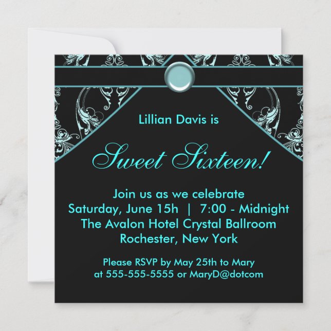 Black Teal Blue Damask Sweet Sixteen Invitation (Front)