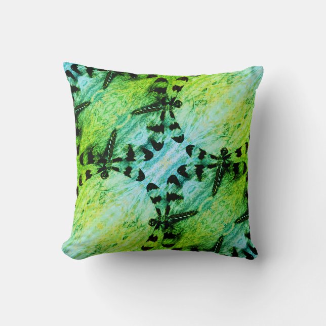 Black, teal blue green  dragonfly solid back cushion (Front)