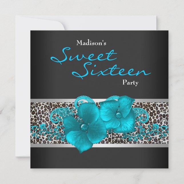 Black Teal Blue Leopard Birthday Party Invitation (Front)