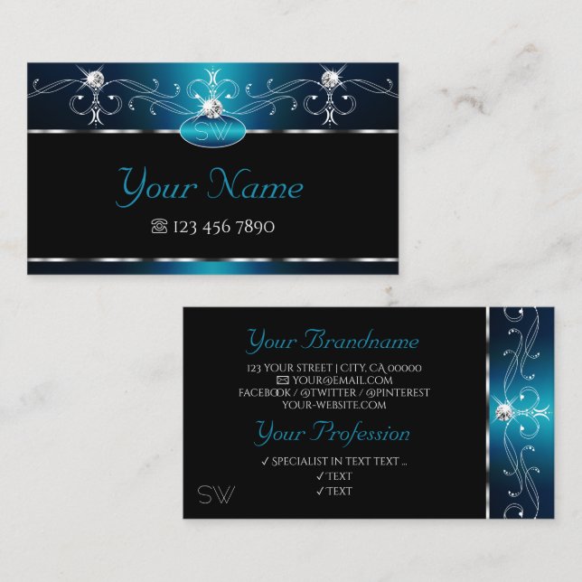 Black Teal Blue Squiggles Sparkle Jewels Initials Business Card (Front/Back)