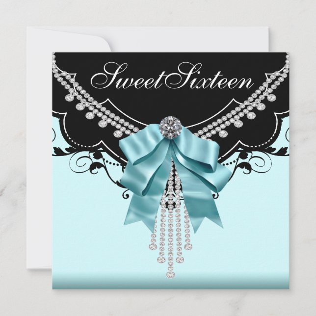 Black Teal Blue Sweet Sixteen Birthday Party Invitation (Front)