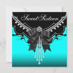 Black Teal Blue Sweet Sixteen Birthday Party Invitation