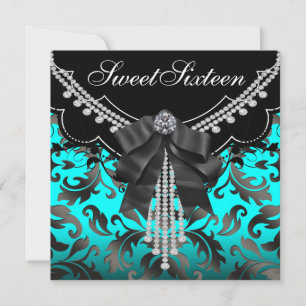 Black Teal Blue Sweet Sixteen Birthday Party Invitation